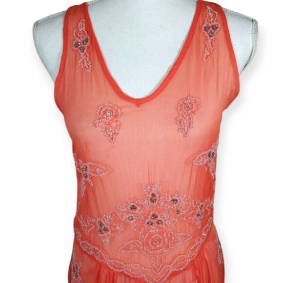 FOREVER 21 ORANGE/CORAL EMBELLISHED SHEER DRESS/COVERUP SZ.M EUC. - Picture 2 of 7